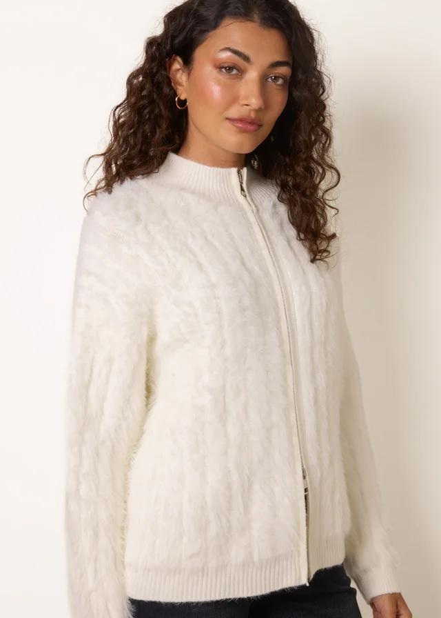 Blue Vanilla Cream Textured Zip Through Knit Cardigan