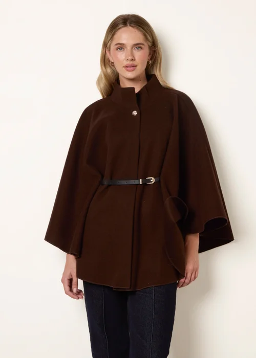 Blue Vanilla Brown Funnel Neck Tie Front Cape - One Size Image 1