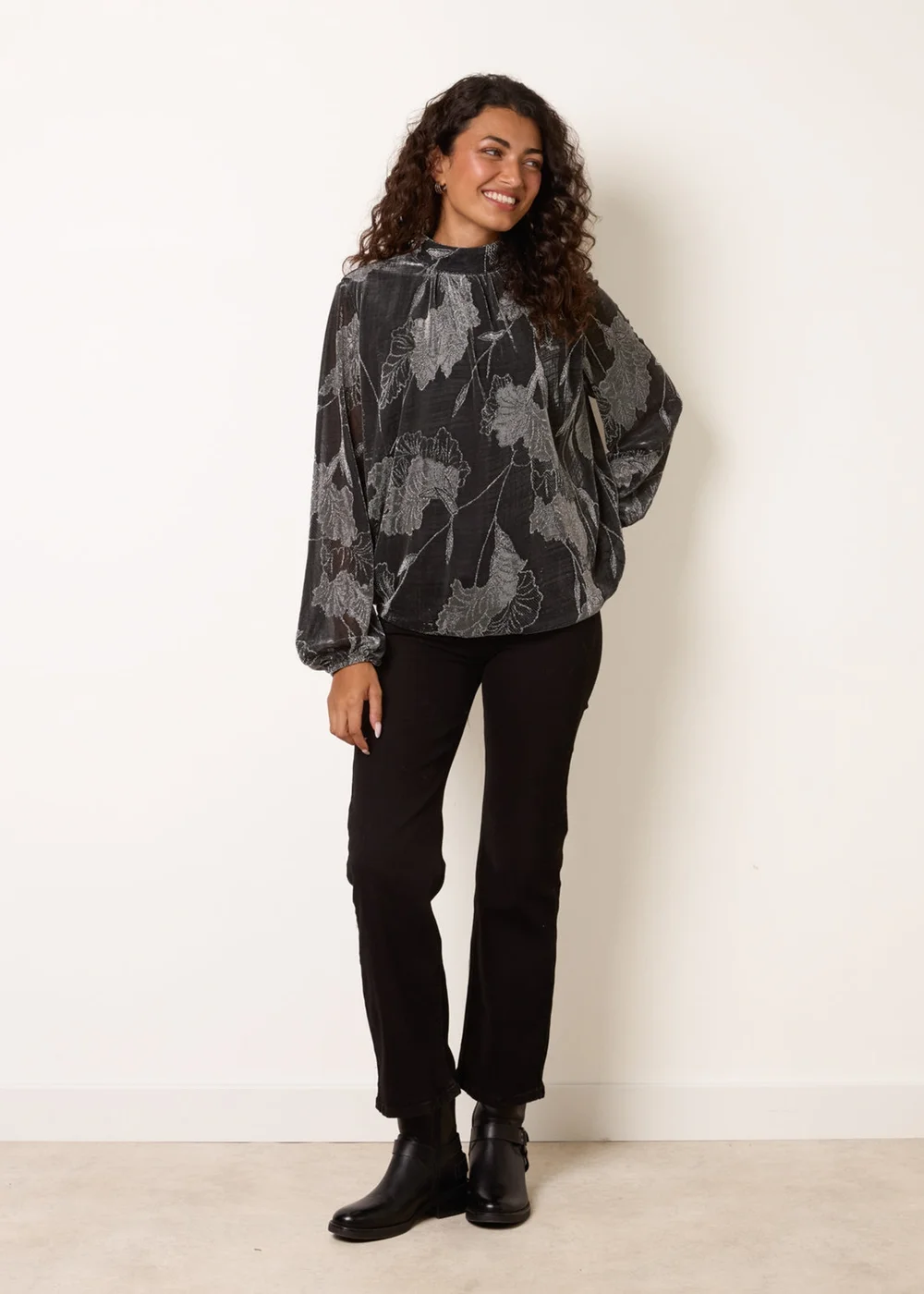 Blue Vanilla Silver Metallic Floral High Neck Puff Ball Blouse - L Image 2
