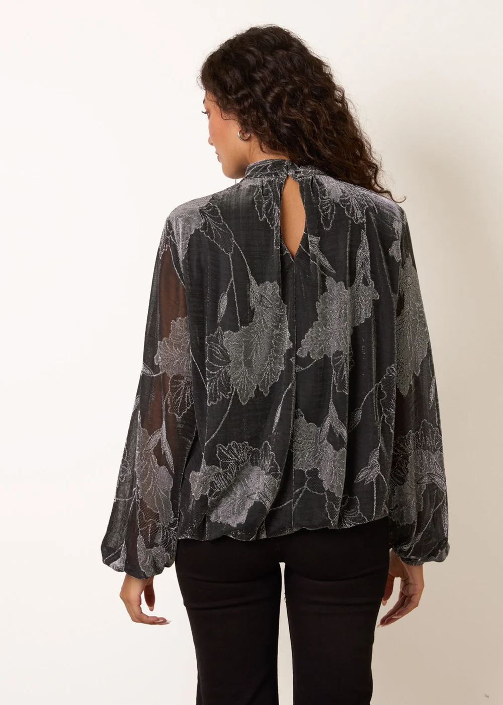 Blue Vanilla Silver Metallic Floral High Neck Puff Ball Blouse - L Image 4