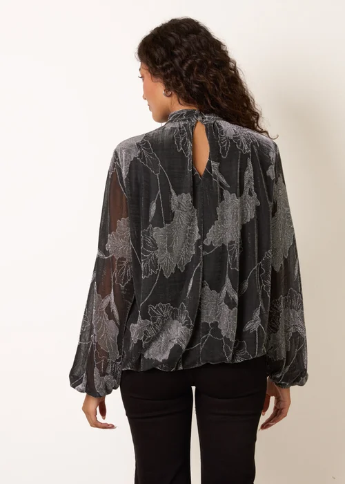 Blue Vanilla Silver Metallic Floral High Neck Puff Ball Blouse - L Image 4