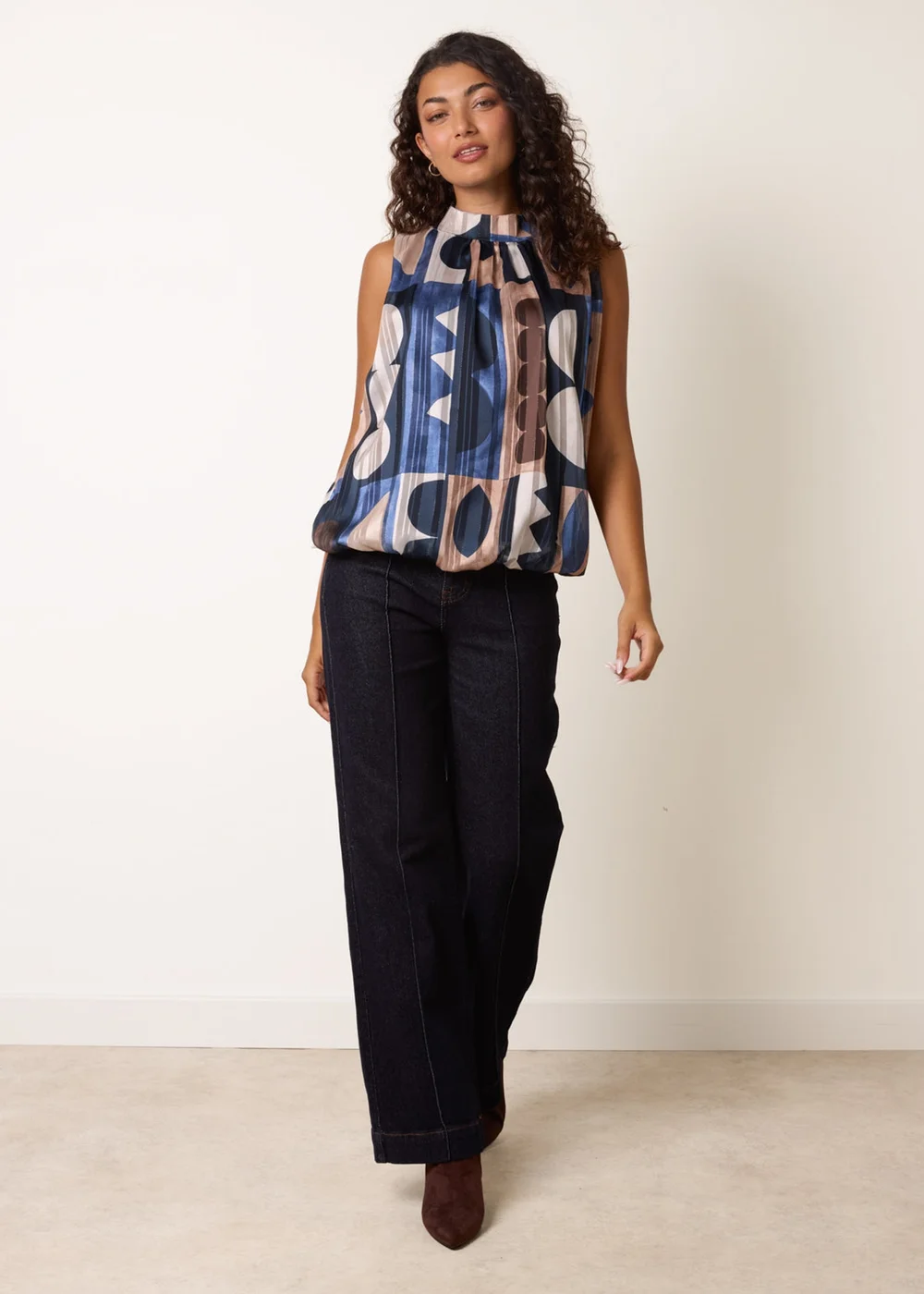 Blue Vanilla Navy High Neck Sleeveless Geometric Blouse - M/L Image 3