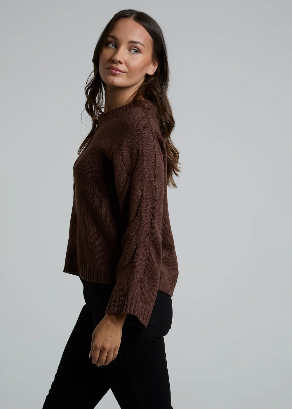 Influence Chocolate Cable Knit Crew Neck Long Sleeve Knitted Jumper - 10 Image 5