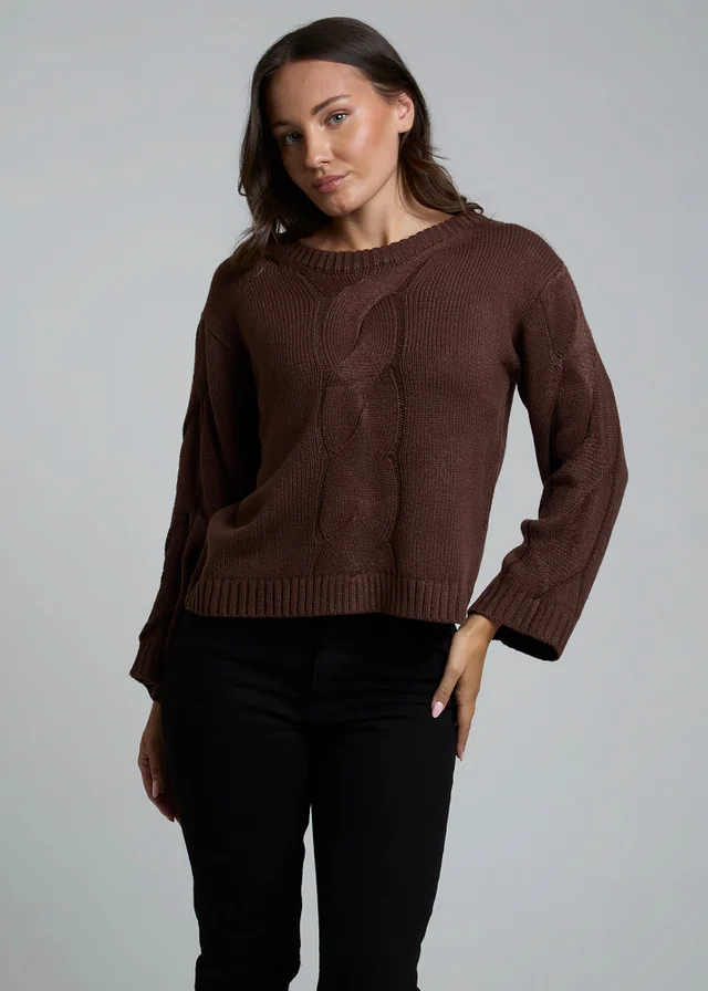 Influence Chocolate Cable Knit Crew Neck Long Sleeve Knitted Jumper