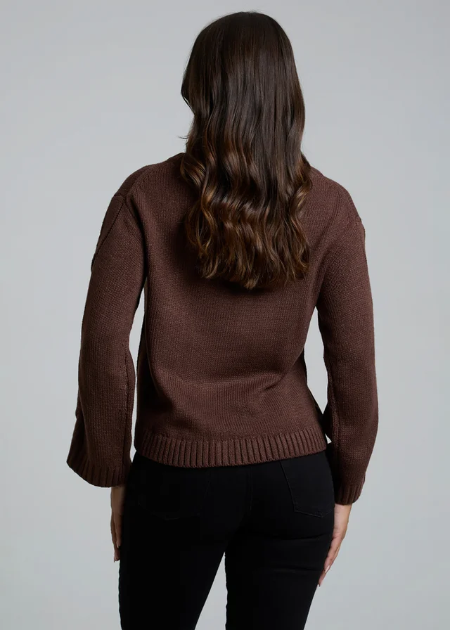 Influence Chocolate Cable Knit Crew Neck Long Sleeve Knitted Jumper