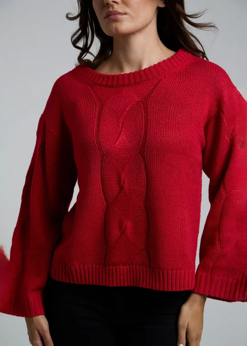 Influence Red Cable Knit Crew Neck Long Sleeve Knitted Jumper - 14 Image 3