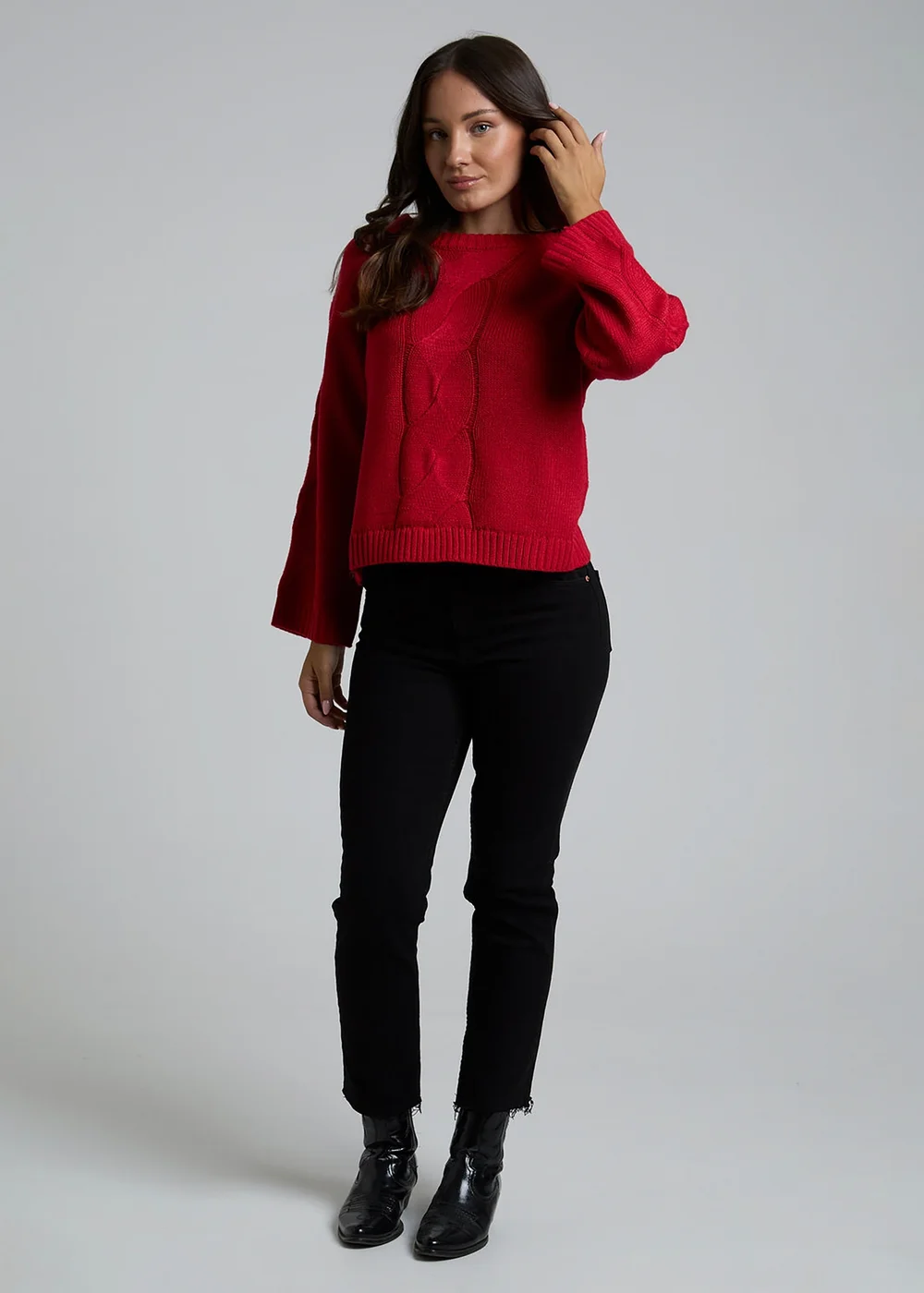 Influence Red Cable Knit Crew Neck Long Sleeve Knitted Jumper - 14 Image 4