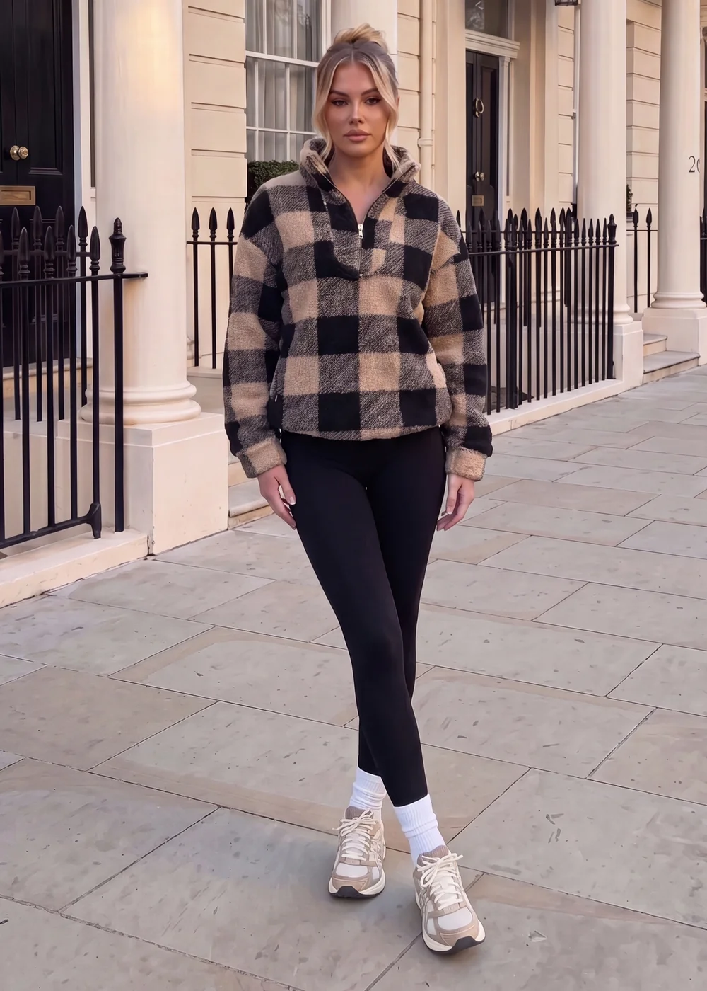 AX Paris Black and Camel Check Teddy 1/4 Zip Sweatshirt - M/L Image 2