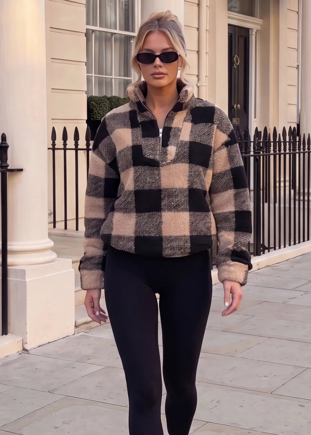 AX Paris Black and Camel Check Teddy 1/4 Zip Sweatshirt - M/L Image 1
