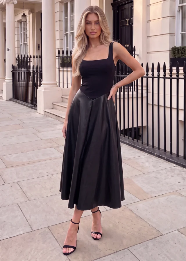 AX Paris Black Faux Leather 2 in 1 A-line Midi Dress