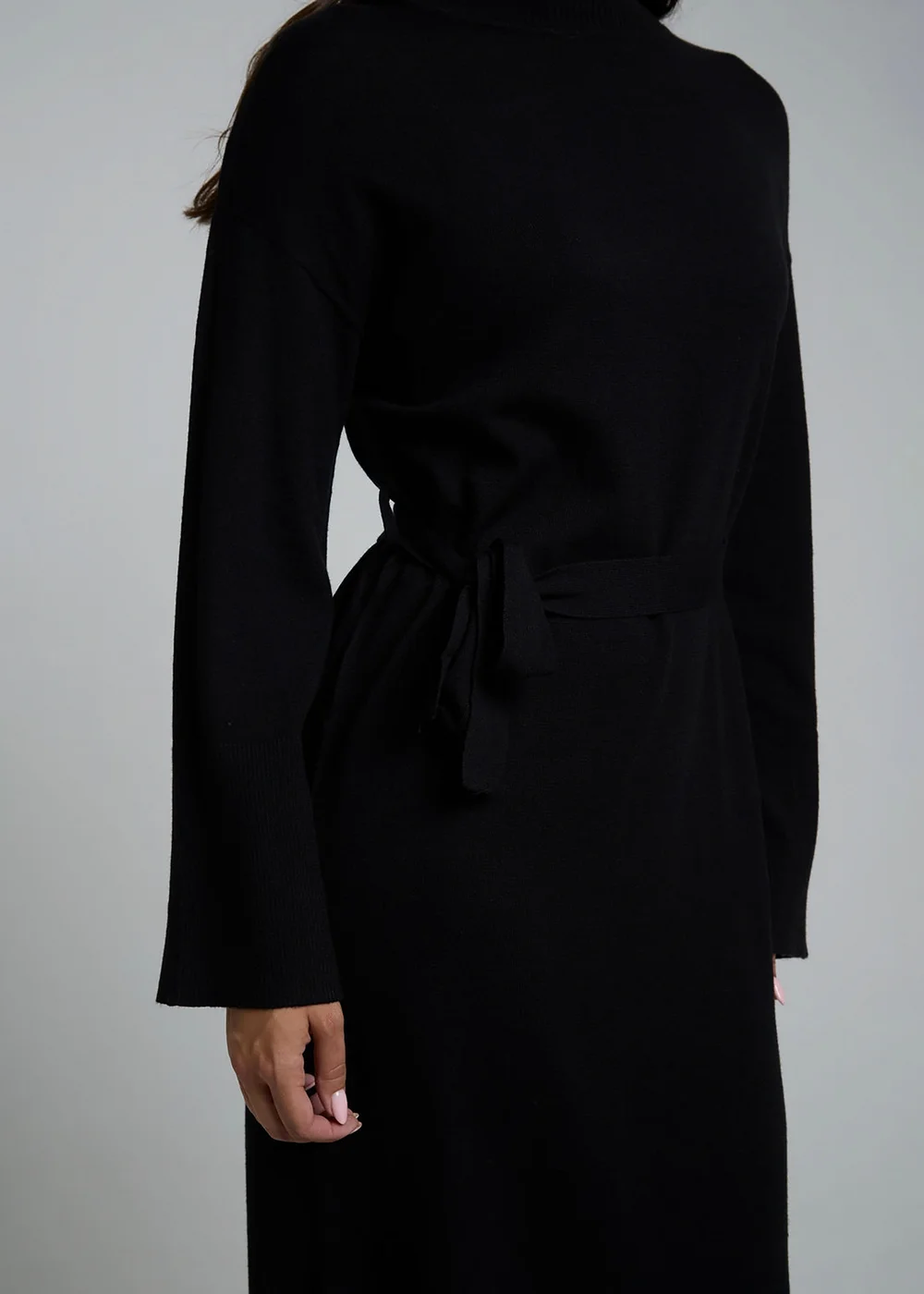Influence Black Long Sleeve Self-Tie Knit Jumper Midi Dress - 8 Image 3