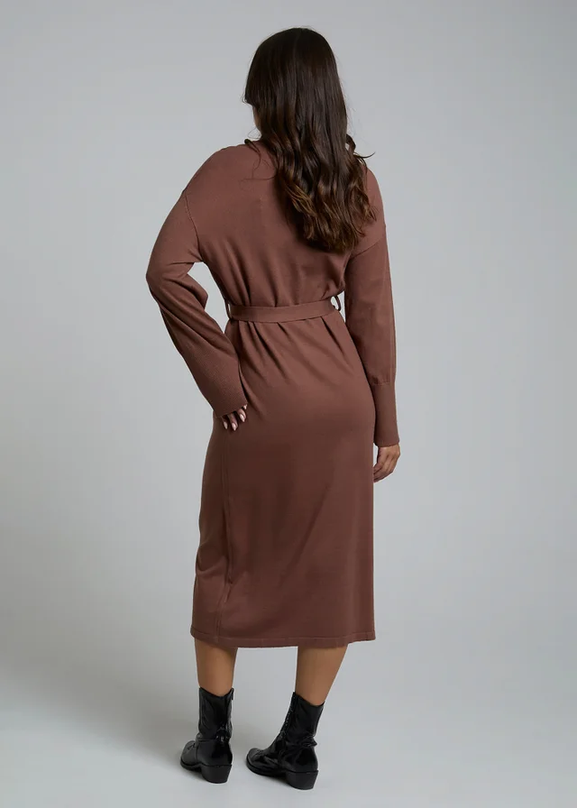 Influence Chocolate Self-Tie Long Sleeve Jumper Midi Dress