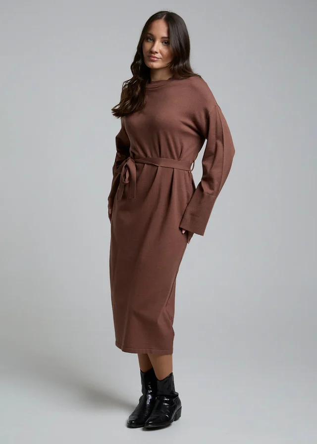 Influence Chocolate Self-Tie Long Sleeve Jumper Midi Dress
