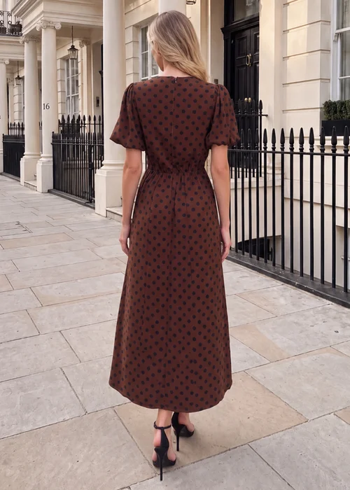 AX Paris Chocolate & Black Polka Dot Puff Sleeve Midi Dress - 12 Image 4
