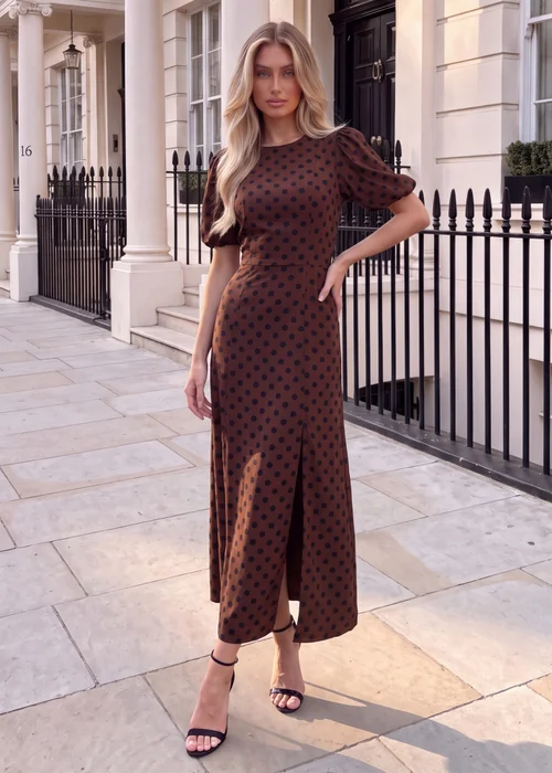 AX Paris Chocolate & Black Polka Dot Puff Sleeve Midi Dress - 12 Image 1