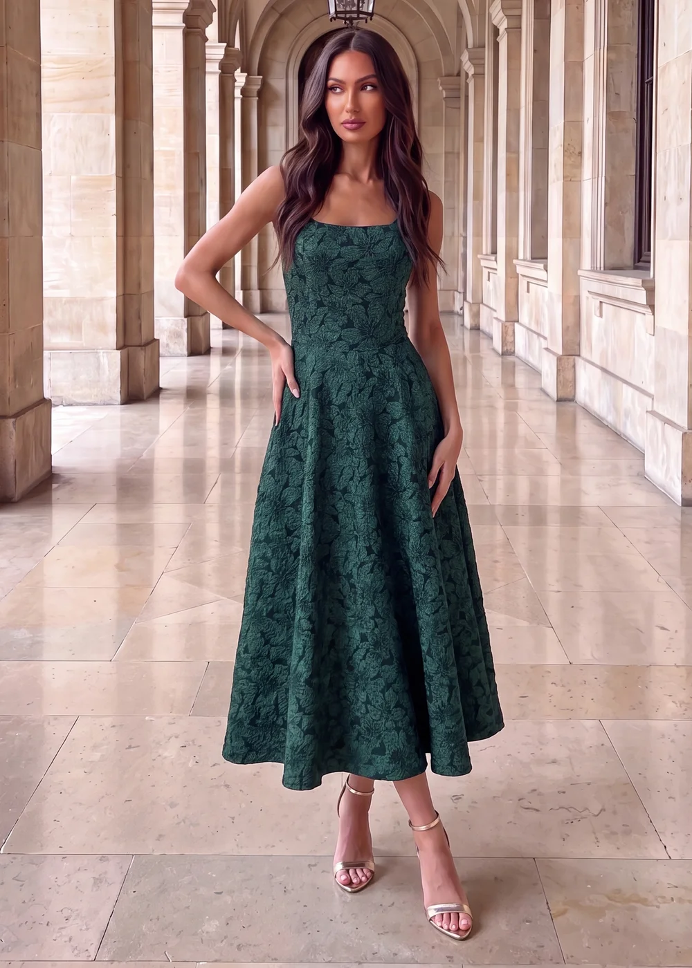 AX Paris Green Floral Jacquard Square Neck A-line Midi Dress - 14 Image 1