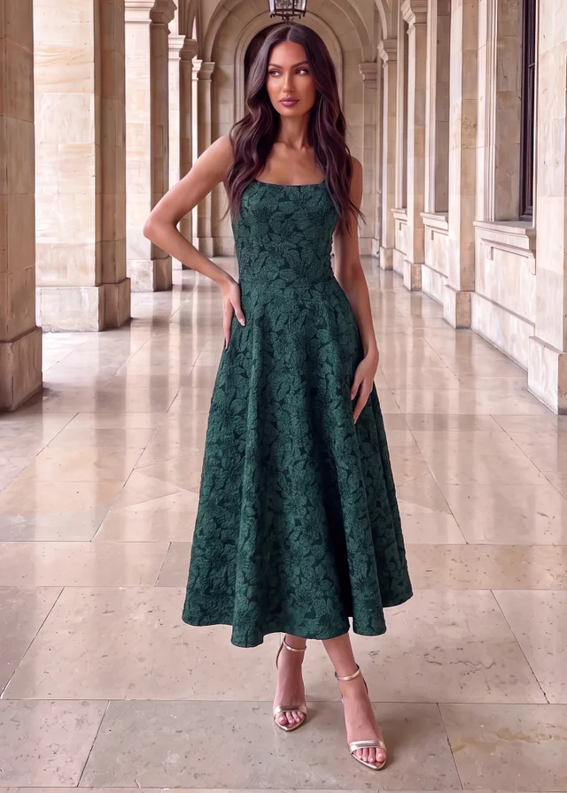 AX Paris Green Floral Jacquard Square Neck A-line Midi Dress