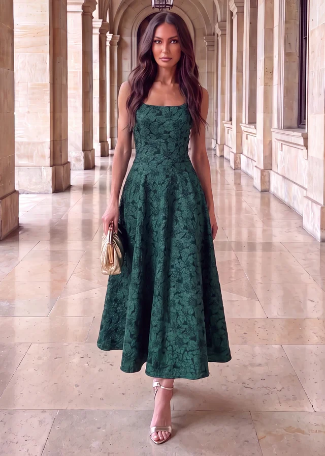 AX Paris Green Floral Jacquard Square Neck A-line Midi Dress