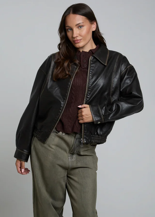 Influence Brown Faux Leather Oversized Bomber-Style Zip Collared Jacket