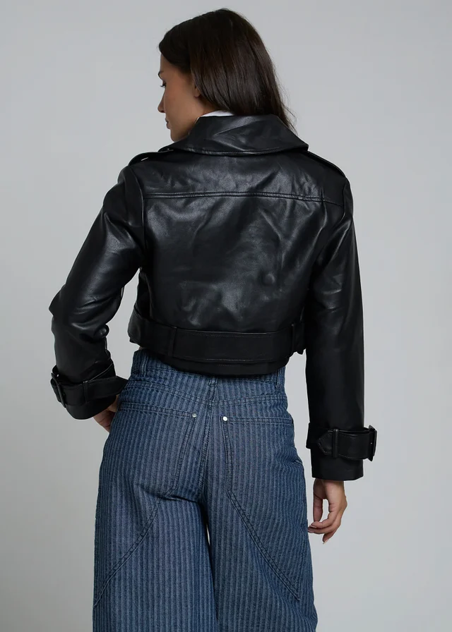 Influence Black Cropped Faux Leather Double Breasted Jacket