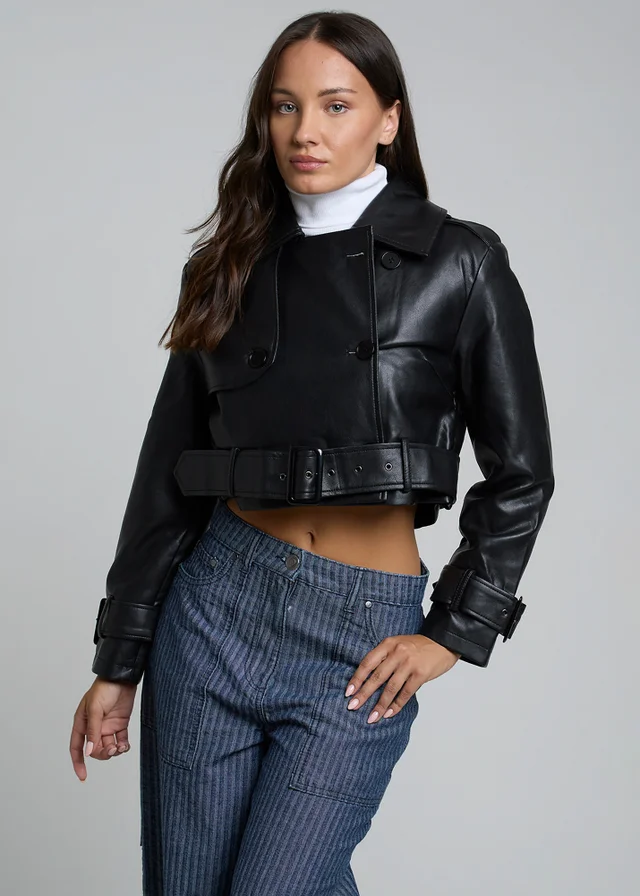 Influence Black Cropped Faux Leather Double Breasted Jacket