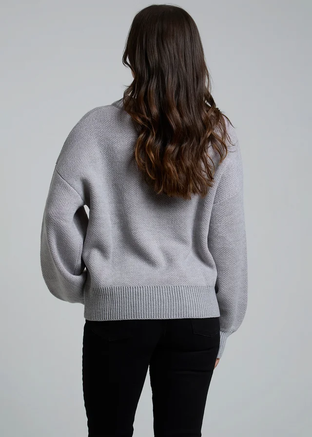Influence Grey Crew Neck Long Sleeve Bow Graphic Knitted Jumper