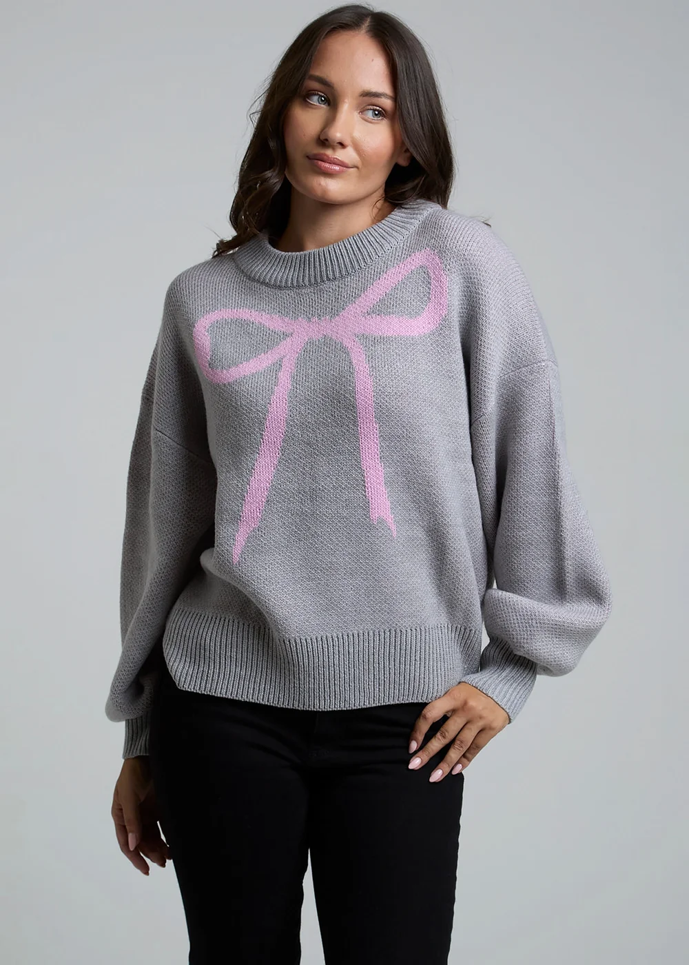 Influence Grey Crew Neck Long Sleeve Bow Graphic Knitted Jumper - 10 Image 1