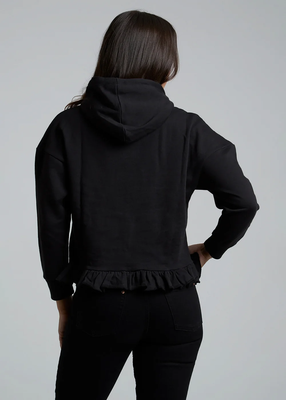 Influence Black Cotton Frill Hem Hoody - 8 Image 2