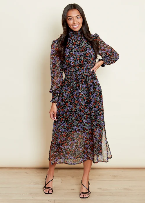 Influence Purple Floral Print High Shirred Ruffle Neck Long Sleeve Midi Dress - 8 Image 3