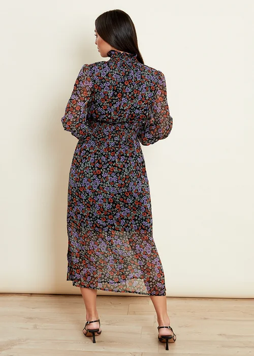Influence Purple Floral Print High Shirred Ruffle Neck Long Sleeve Midi Dress - 8 Image 2