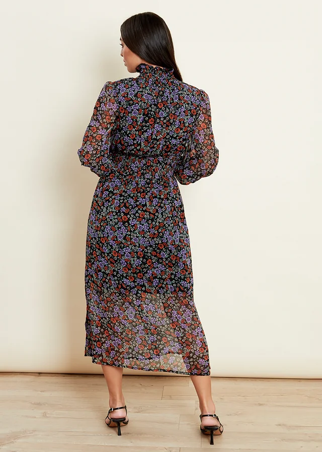 Influence Purple Floral Print High Shirred Ruffle Neck Long Sleeve Midi Dress