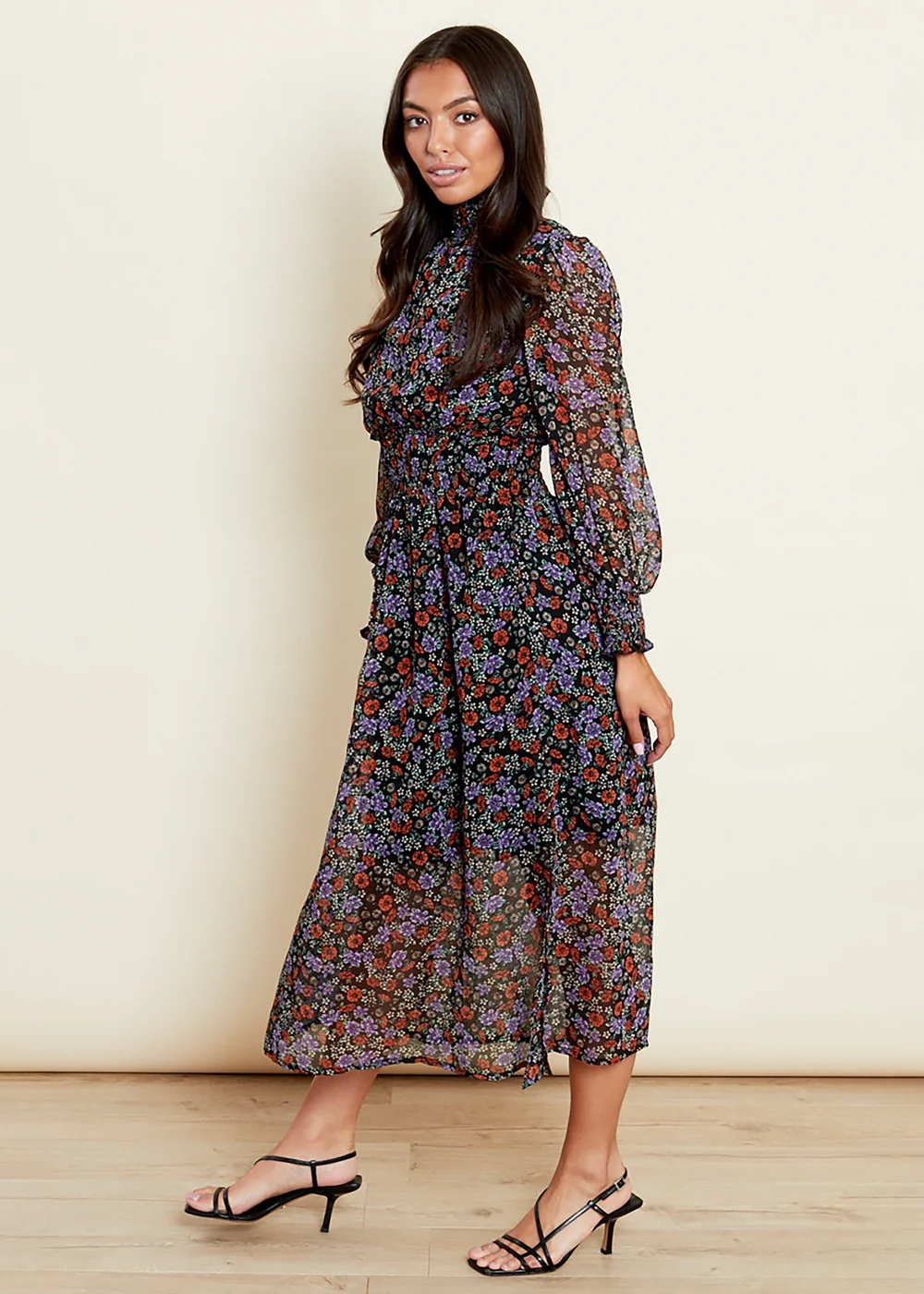 Influence Purple Floral Print High Shirred Ruffle Neck Long Sleeve Midi Dress - 8 Image 4