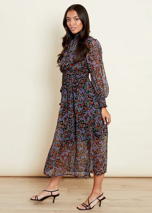 Influence Purple Floral Print High Shirred Ruffle Neck Long Sleeve Midi Dress - 8 Image 4