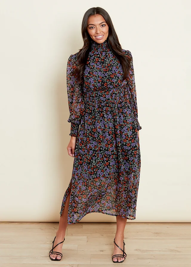 Influence Purple Floral Print High Shirred Ruffle Neck Long Sleeve Midi Dress