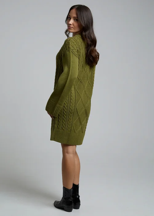 Influence Khaki Cable Knit Round Neck Long Sleeve Jumper Midi Dress - 8 Image 2