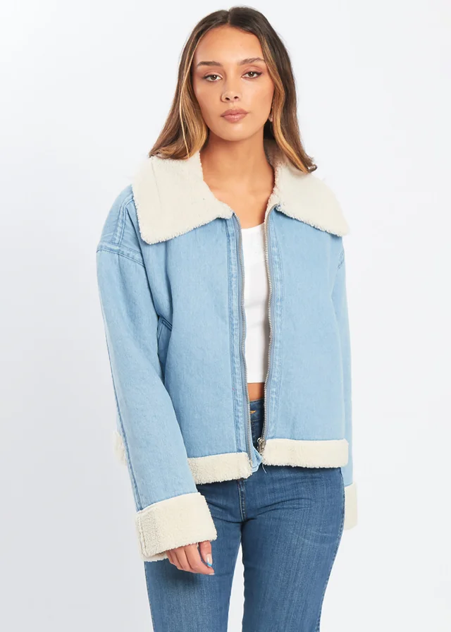 Influence Blue Denim-Style Borg Zip Aviator Jacket