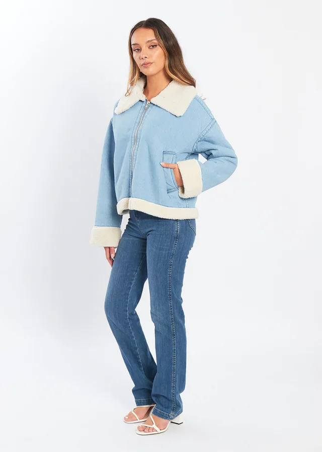 Influence Blue Denim-Style Borg Zip Aviator Jacket