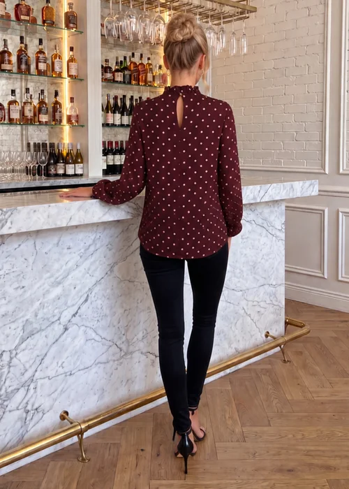 AX Paris Burgundy Polka Dot Print Long Sleeve Ruffle Neck Top - 8 Image 4