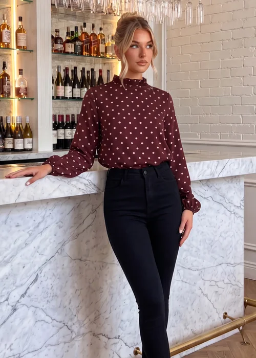 AX Paris Burgundy Polka Dot Print Long Sleeve Ruffle Neck Top - 8 Image 1