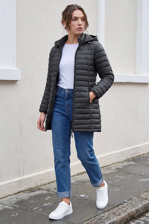 Roman Dark Grey Petite Metallic Finish Quilted Puffer Coat - 14 Image 3