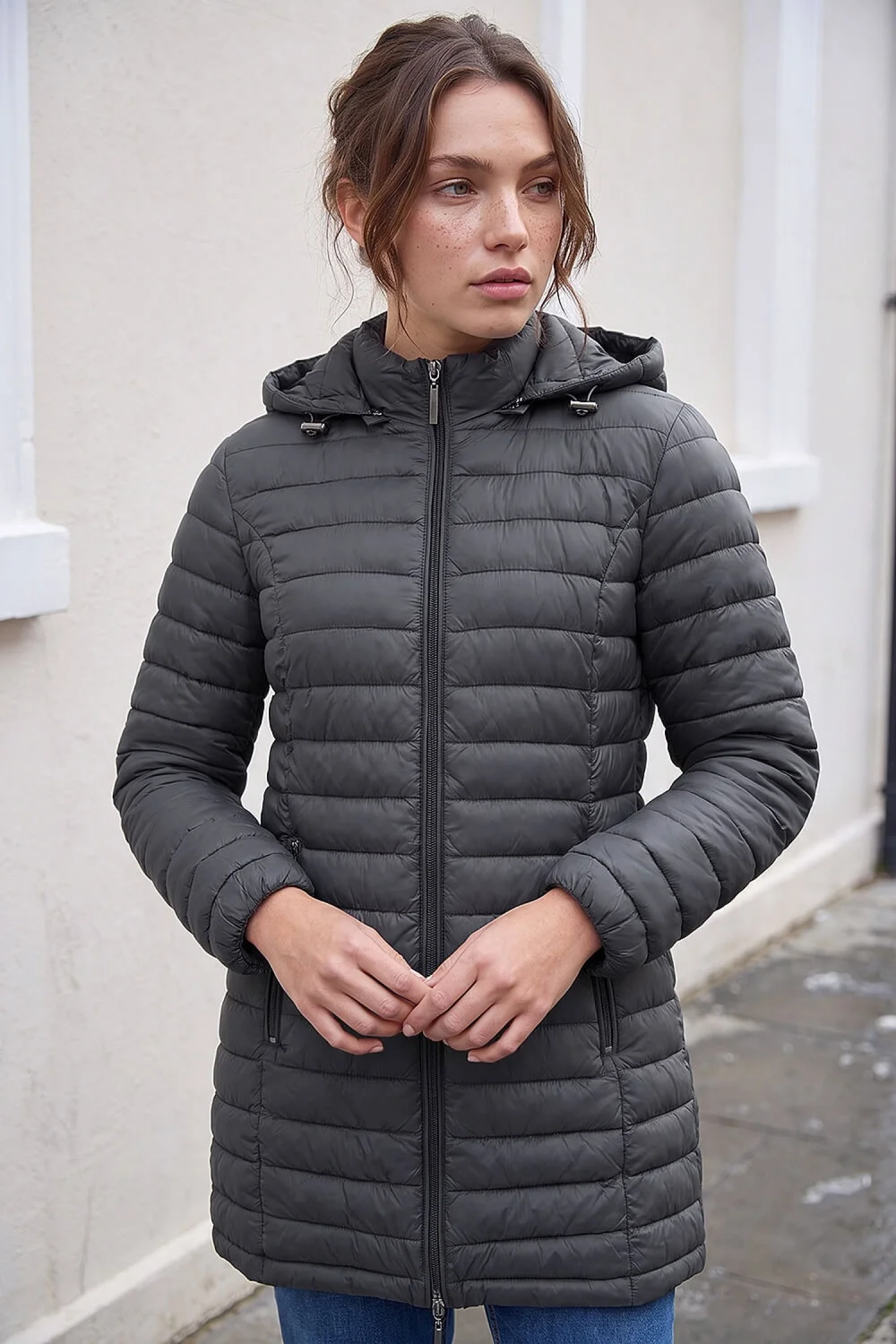 Roman Dark Grey Petite Metallic Finish Quilted Puffer Coat - 14 Image 1