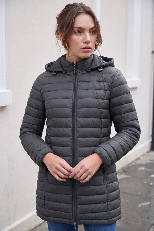 Roman Dark Grey Petite Metallic Finish Quilted Puffer Coat - 14 Image 1