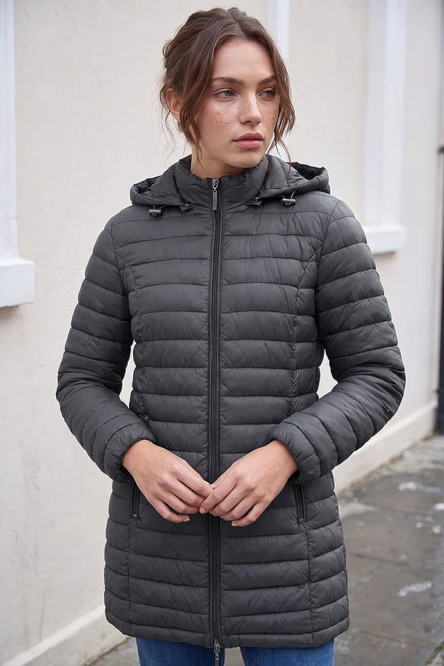 Roman Dark Grey Petite Metallic Finish Quilted Puffer Coat