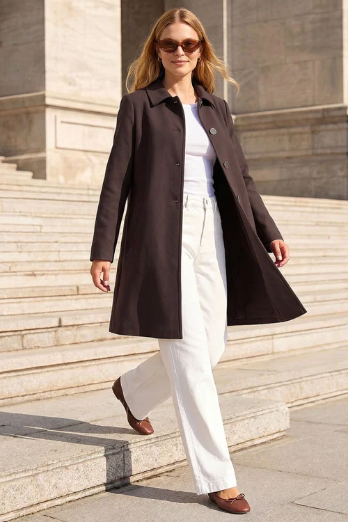 Roman Chocolate Buttoned Swing Coat - 14 Image 2