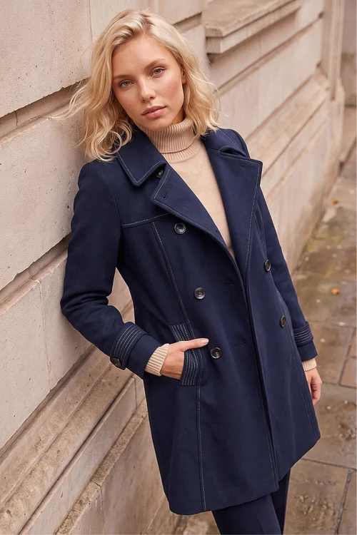 Roman Navy Petite Contrast Double Breasted Coat - 14 Image 1
