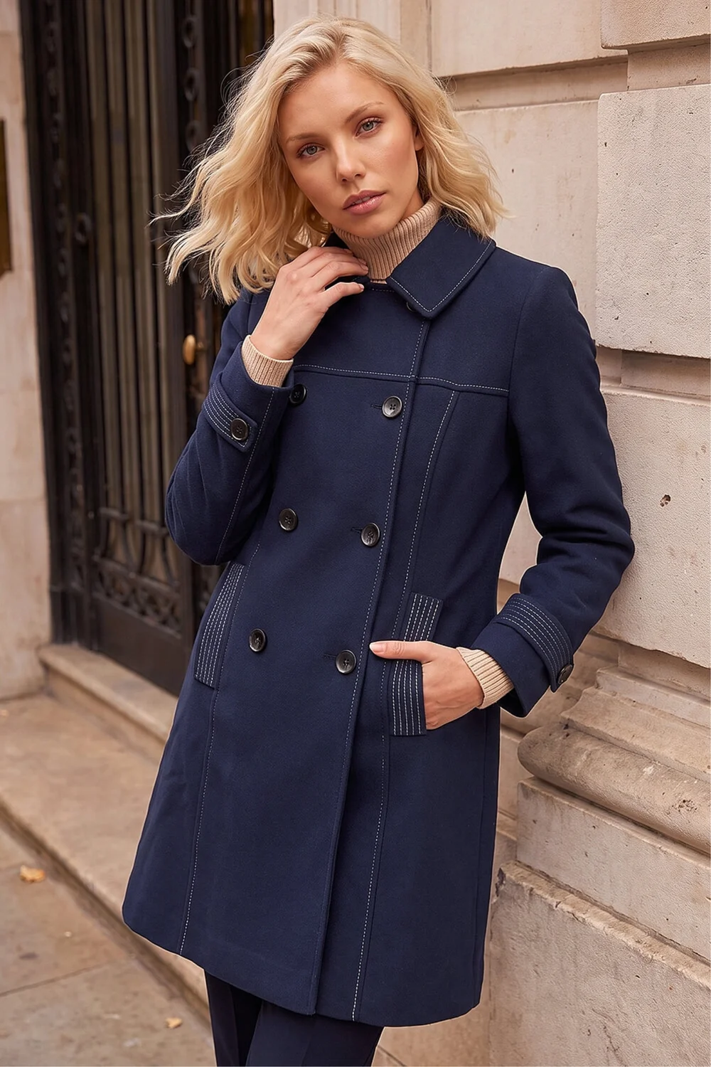 Roman Navy Petite Contrast Double Breasted Coat - 14 Image 2
