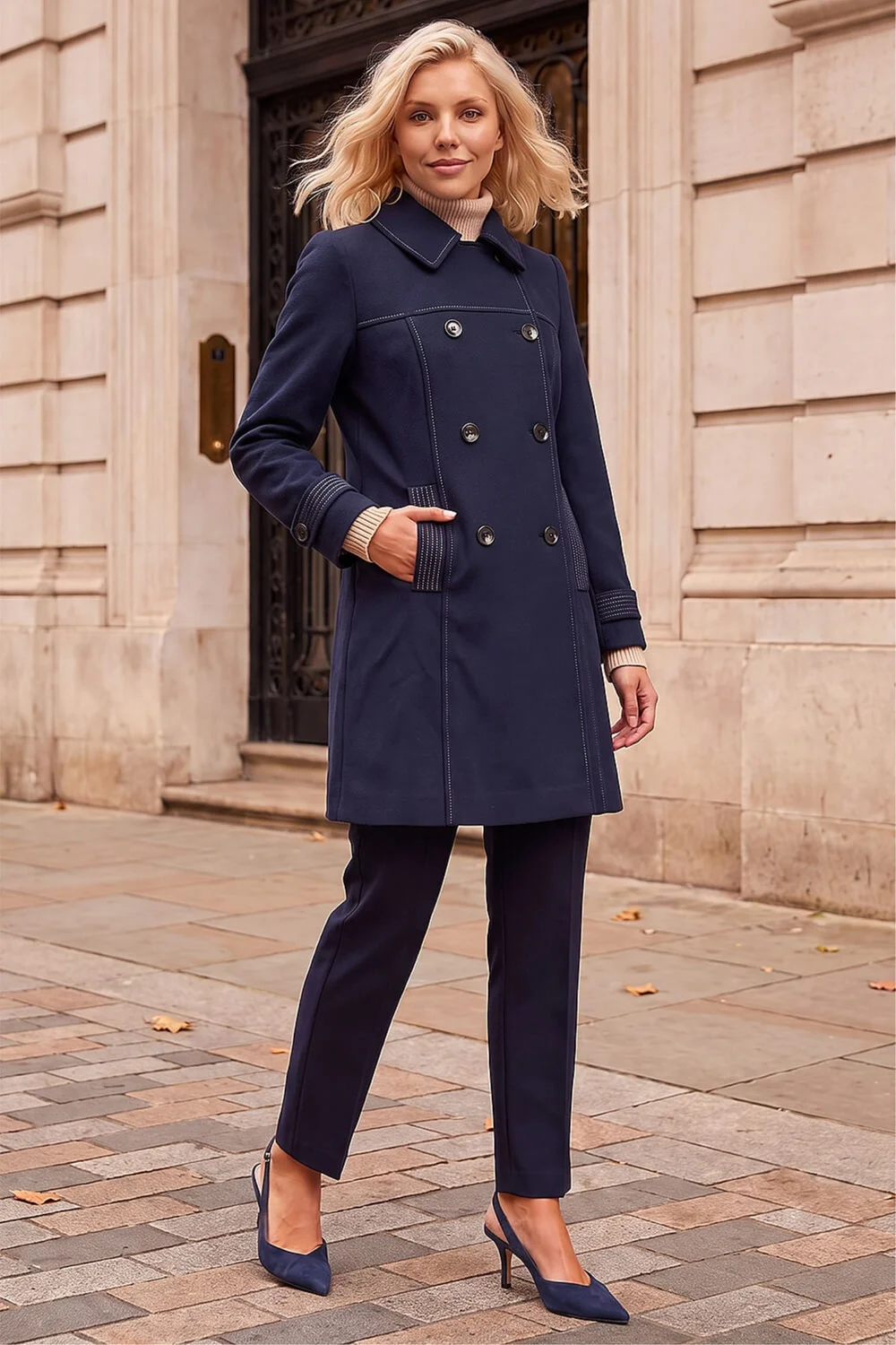 Roman Navy Petite Contrast Double Breasted Coat - 14 Image 3
