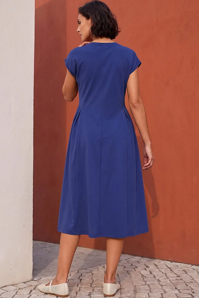 Roman Navy Side Pleat Detail Dress