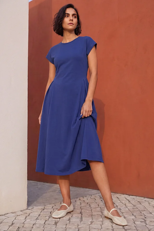 Roman Navy Side Pleat Detail Dress