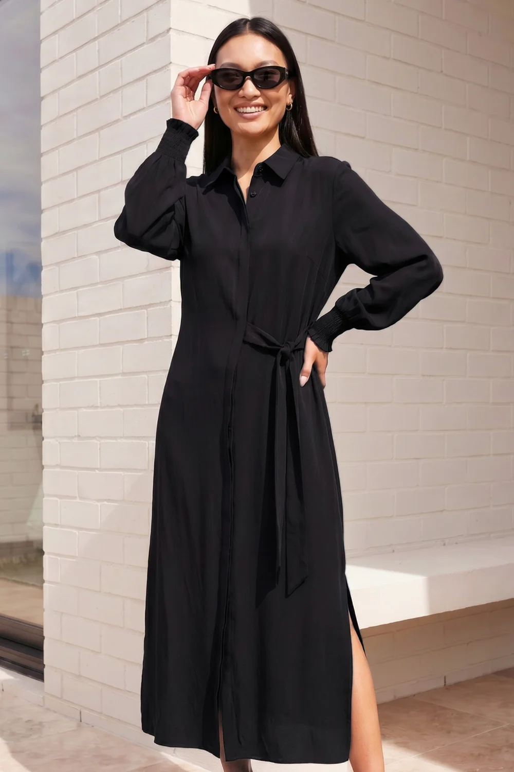 Roman Black Tie Waist Buttoned Shirt Dress - 14 Image 1